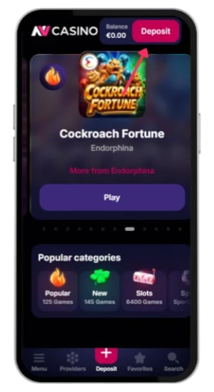 The main dashboard of the NV Casino mobile platform before logging 