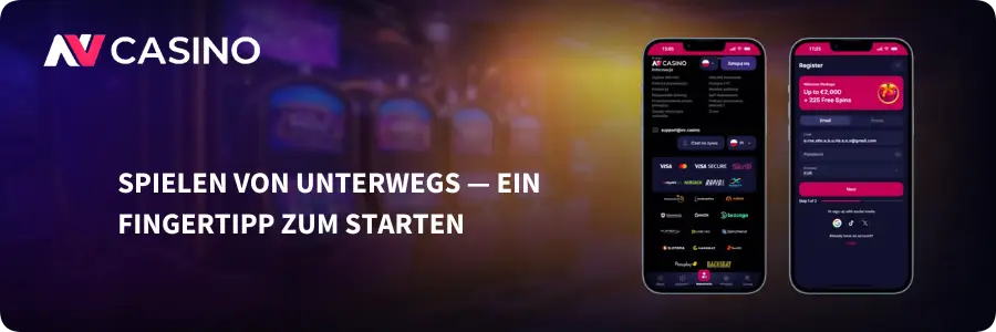 NV Casino Mobile Login und EUR € Guthaben auf einem Smartphone.