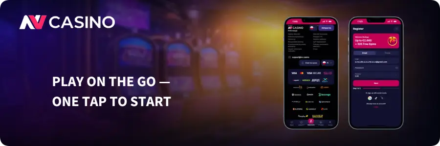 A smartphone screen showing the NV Casino mobile login process and GBP balance management