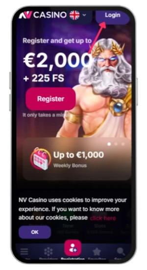 Finding the sign-up button on the NV Casino mobile interface to initialize a new account