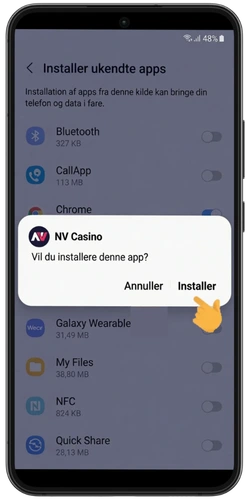 Android-dialog til bekræftelse af NV Casino-installation