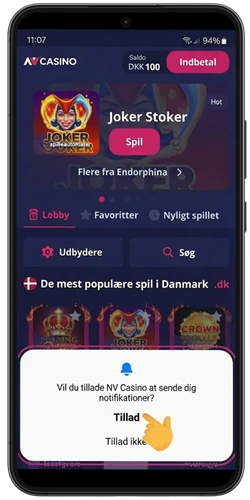 NV Casino lobby med notifikationsprompt på Android